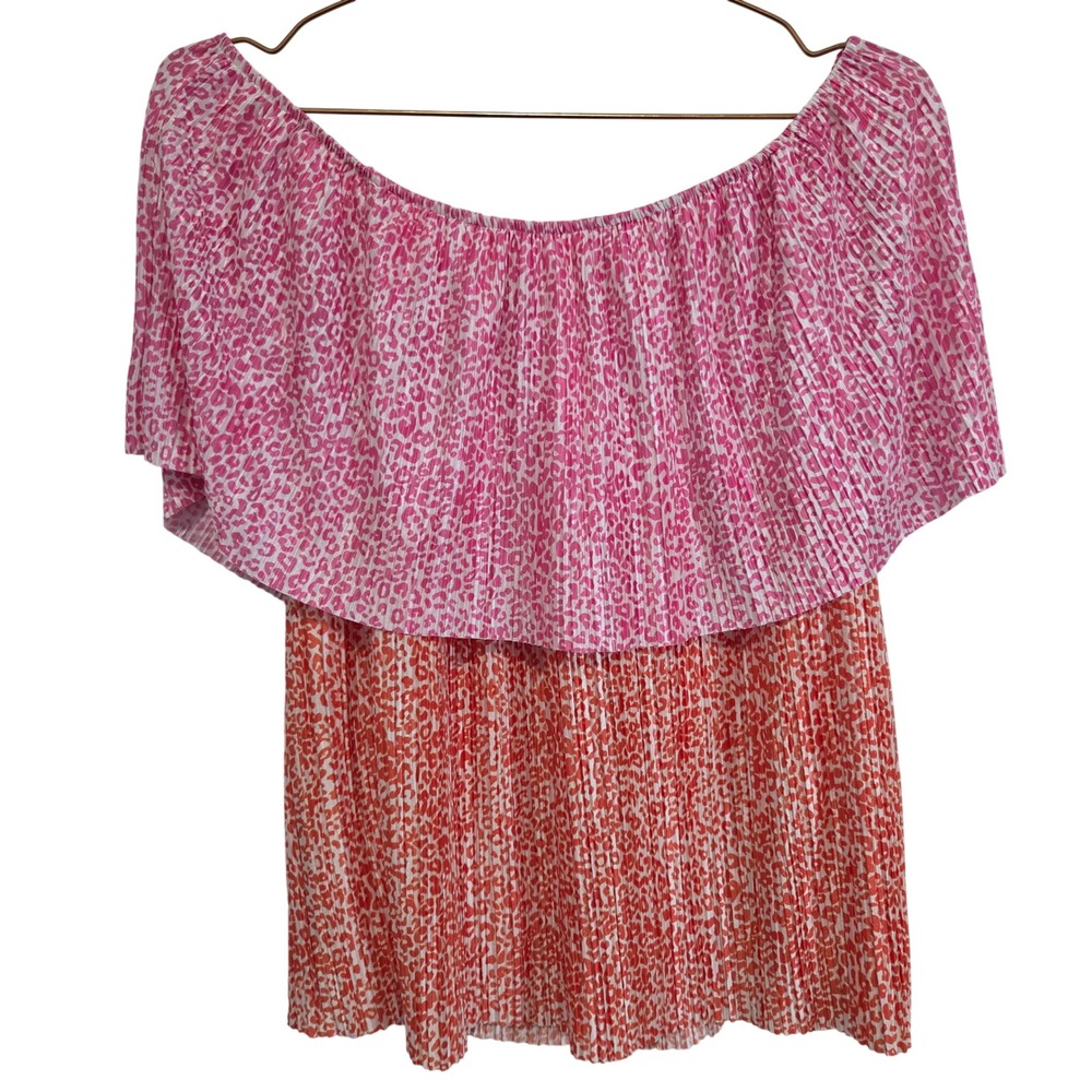 Never Fully Dressed Pink Orange Leopard Pleated Off Shoulder Ruffle Top Size 12